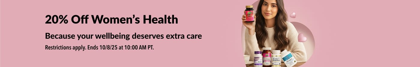iHerb banner offering 20% off women’s health supplements, featuring probiotics, multivitamins, and omega-3.