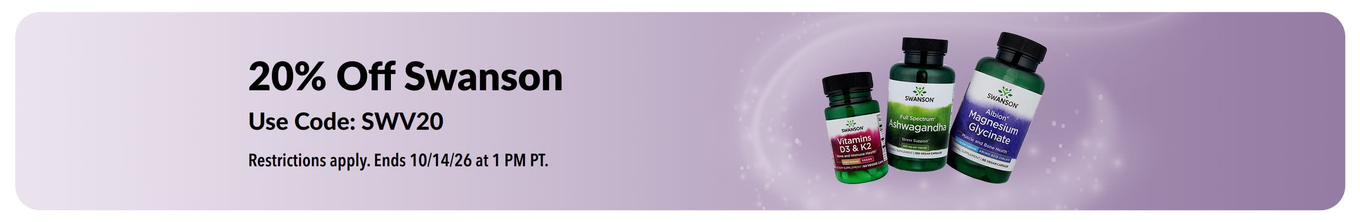 Banner promoting 20% off Swanson products with code 