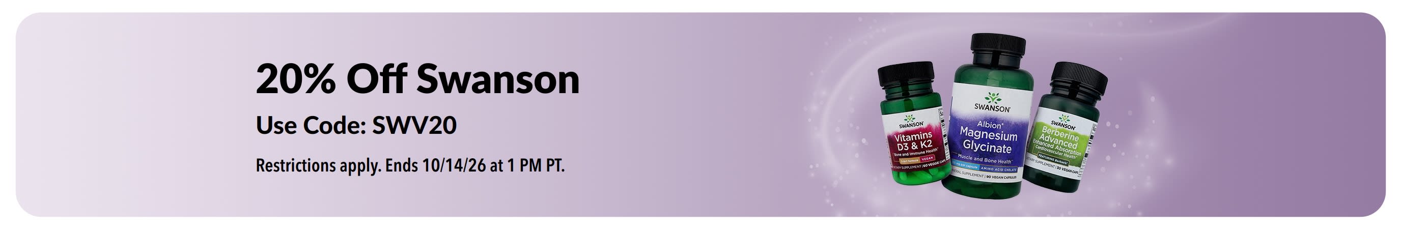 Banner promoting 20% off Swanson products with code 