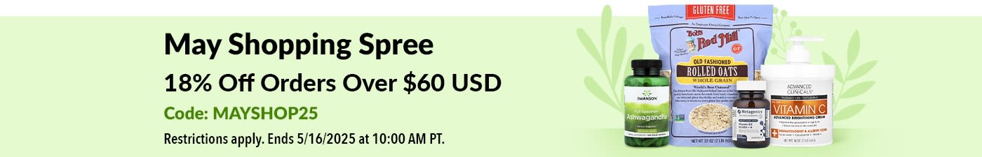 May Shopping Spree. 18% Off Orders Over $60 USD 