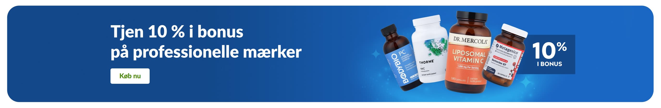 Banner, der promoverer 10 % i bonus på professionelle kosttilskudsmærker med produkter og en 