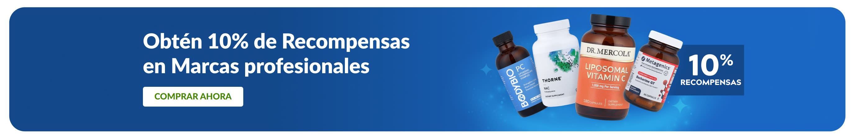Banner que promociona un 10% de recompensas en marcas profesionales de suplementos.