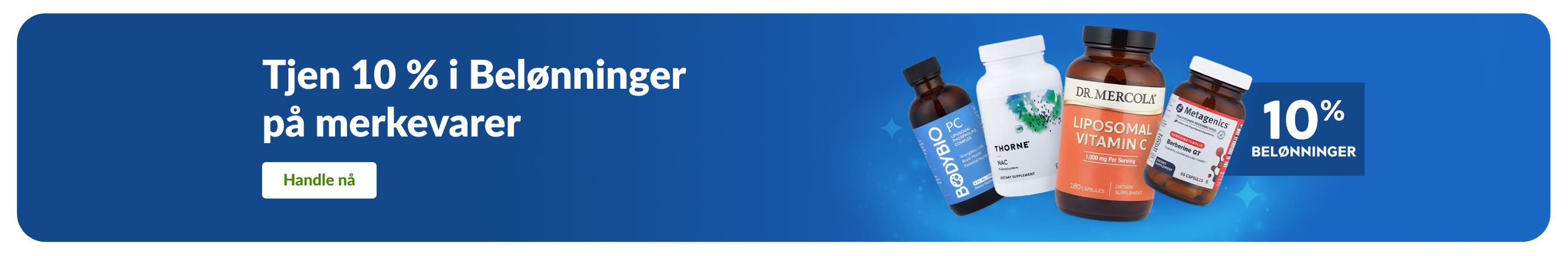 Banner som promoterer 10 % bonus på profesjonelle kosttilskuddsmerker, med produktflasker og en «Kjøp nå»-knapp.