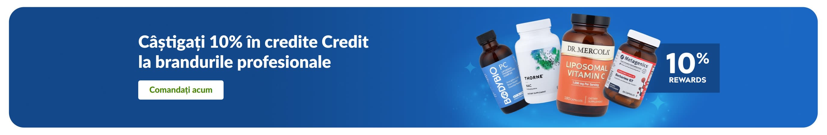 Banner cu 10% credite Rewards la branduri de suplimente profesionale, cu produse și buton „Alegeți branduri profesionale”.