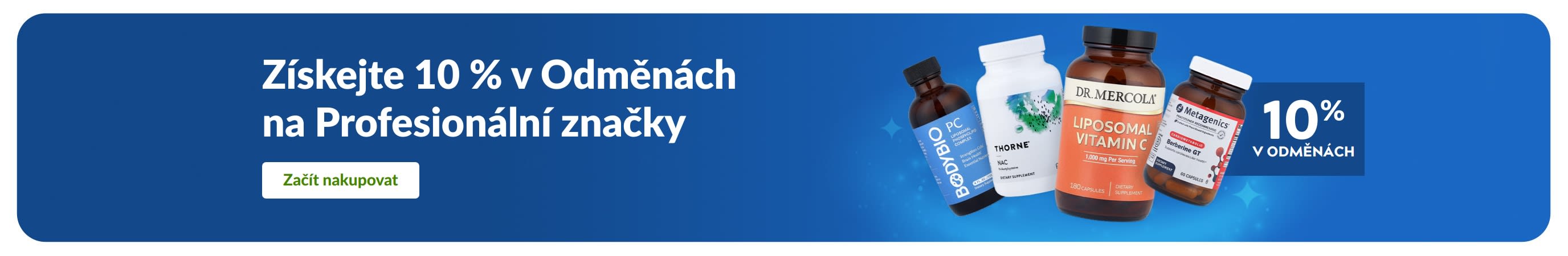 Banner propagující 10 % v Odměnách na profesionální značky doplňků stravy s produkty a tlačítkem „Nakupovat profesionální značky“