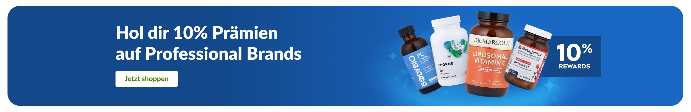 Banner, das für 10% Prämien wirbt auf professionelle Nahrungsergänzungsmittelmarken