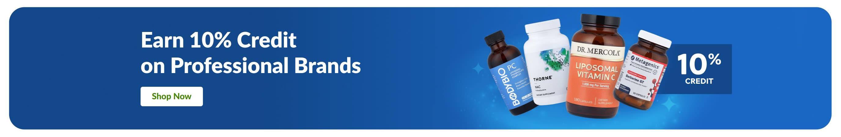 Banner promoting 10% rewards on professional supplement brands with product bottles and “Shop Now” button.