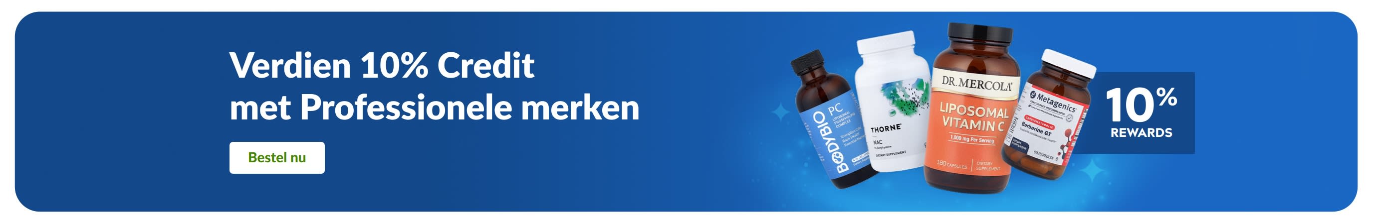 Banner met 10% Rewards bij Professionele supplementenmerken, inclusief productverpakkingen en een knop met 