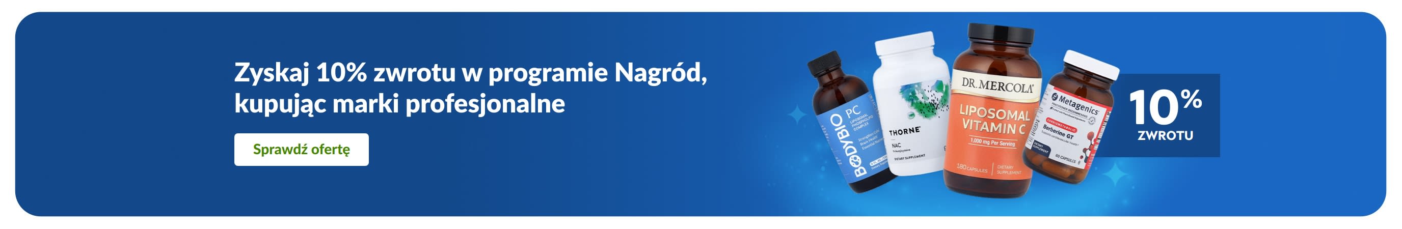 Baner promujący 10% w programie Nagród na profesjonalne marki suplementów, przedstawiający butelki produktów i przycisk „sprawdź ofertę”.