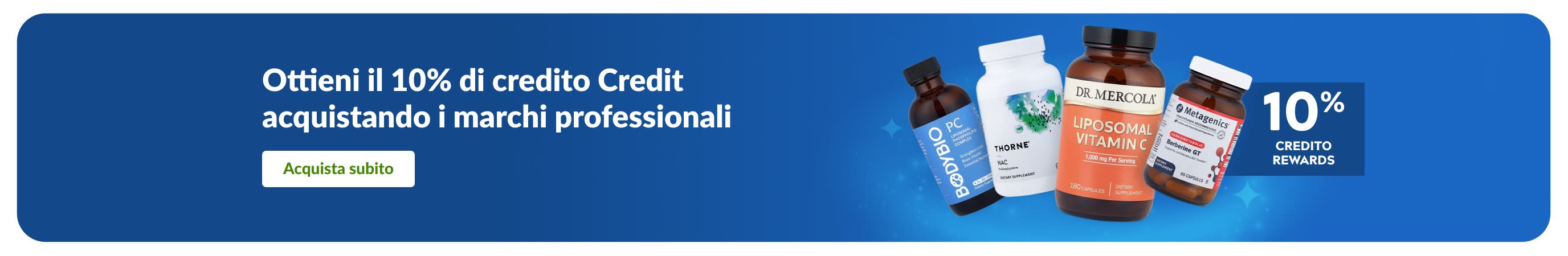 Banner pubblicitario che promuove il 10% di premi su marchi di integratori professionali, con flaconi di prodotti e il pulsante 