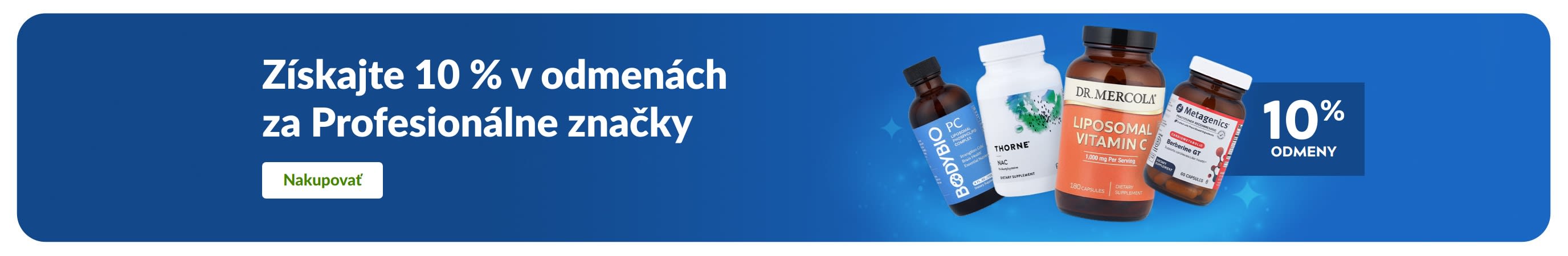 Baner propagujúci 10 % odmeny za nákup výživových doplnkov profesionálnych značiek s tlačidlom „Nakupovať“.