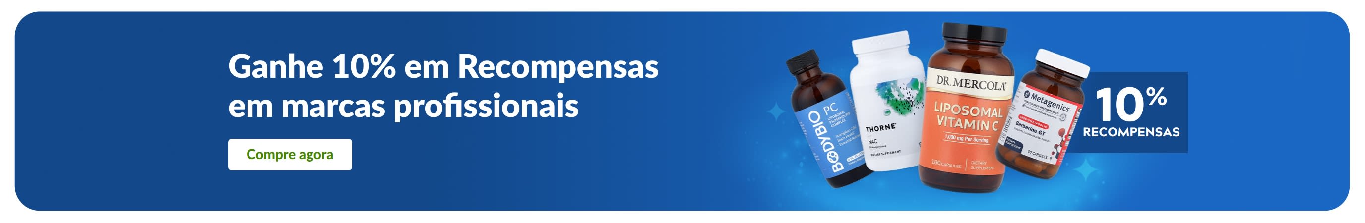 Banner com 10% em Recompensas em marcas profissionais de suplementos, com imagens de produtos e botão “Compre agora”