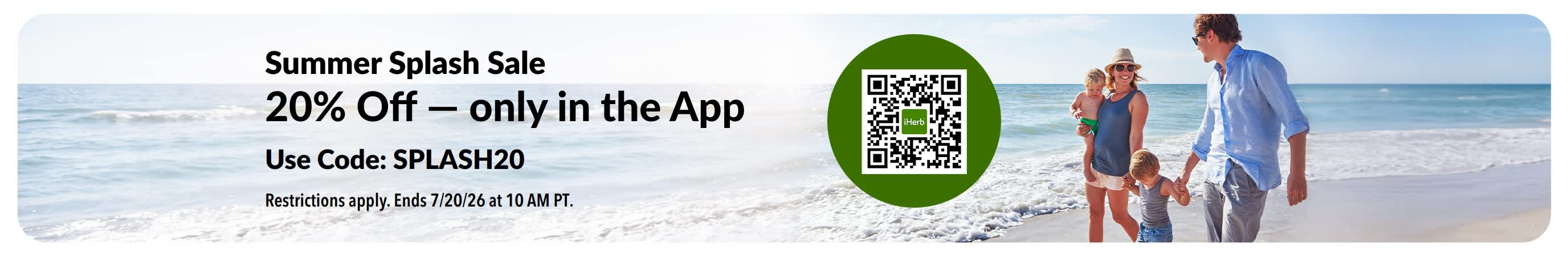 iHerb Summer Splash Sale banner for 20% off in-app, showing a beach family.