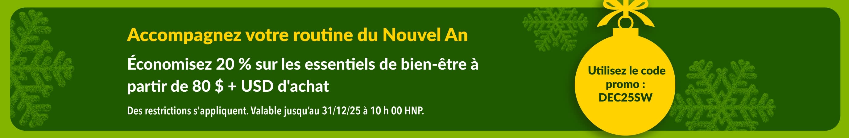 Bannière iHerb pour le Nouvel An offrant 20 % de réduction sur les produits de bien-être de plus de 80 $ + USD avec le code DEC25SW, avec un ornement jaune sur fond vert.