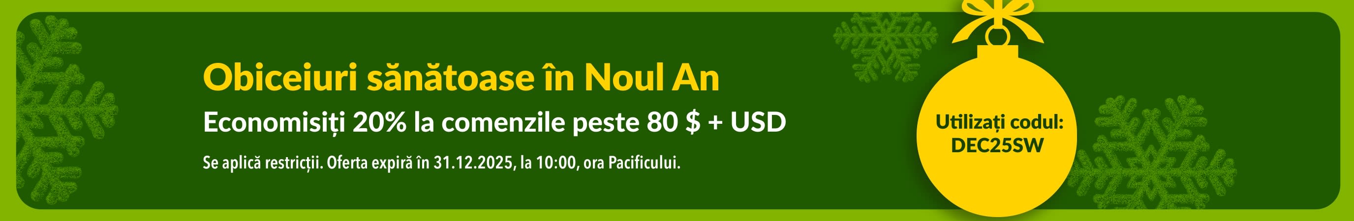 Banner iHerb de Anul Nou cu -20% la comenzile peste 80 $ + USD cu codul DEC25SW, cu un ornament galben pe fundal verde.