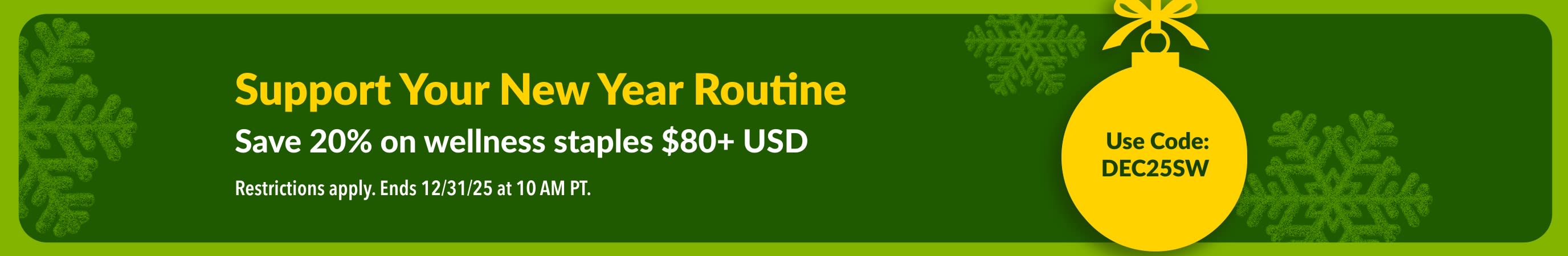 iHerb New Year banner offering 20% off wellness staples over $80+ USD with code DEC25SW, featuring a yellow ornament on a green background.