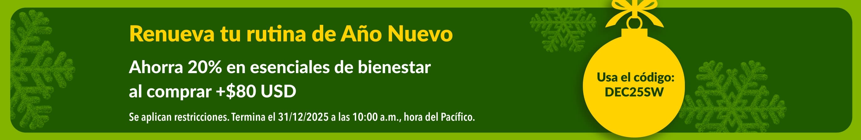 Banner de iHerb para Año Nuevo. Fondo verde con un adorno amarillo. Texto: 'Renueva tu rutinade Año Nuevo. Ahorra 20% en esenciales de bienestar al comprar más de $80 USD USD. Usa el código DEC25SW'.