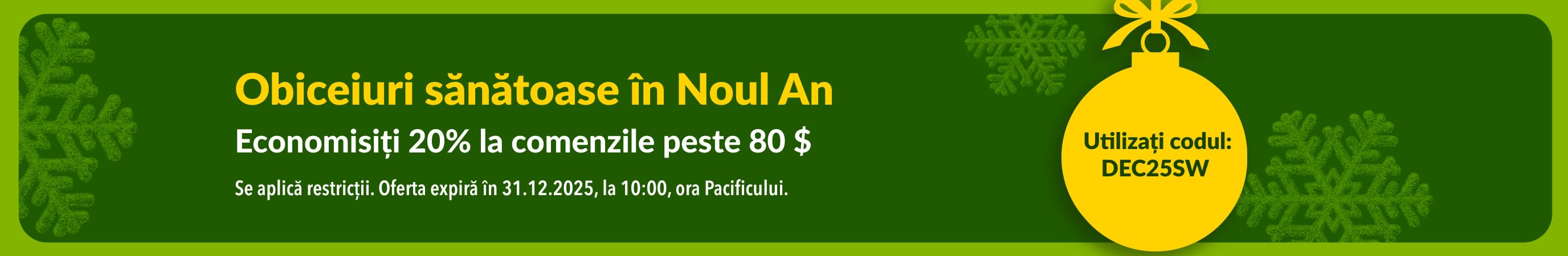 Banner iHerb de Anul Nou cu -20% la comenzile peste 80 $ cu codul DEC25SW, cu un ornament galben pe fundal verde.