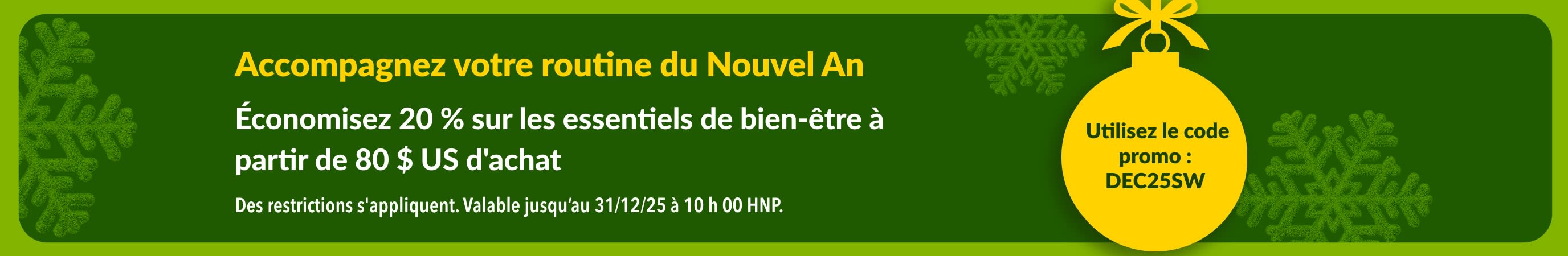 Bannière iHerb pour le Nouvel An offrant 20 % de réduction sur les produits de bien-être de plus de 80 $ US d'achat avec le code DEC25SW, avec un ornement jaune sur fond vert.