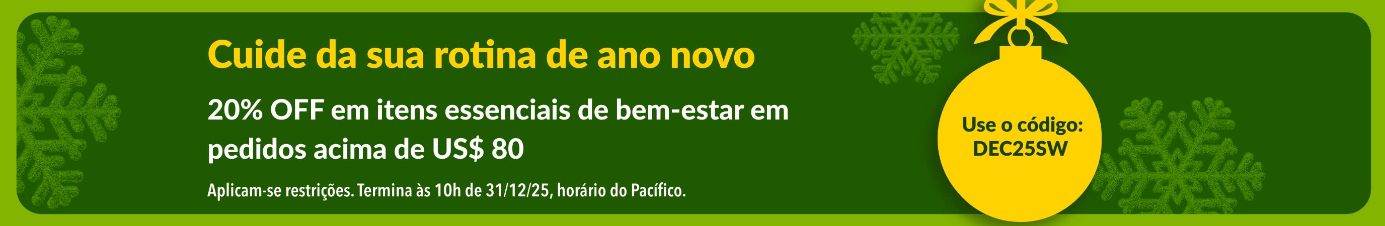 Banner de ano novo da iHerb oferecendo 20% OFF em itens essenciais de bem-estar acima de US$ 80 com o código DEC25SW, com ornamento amarelo sobre fundo verde.