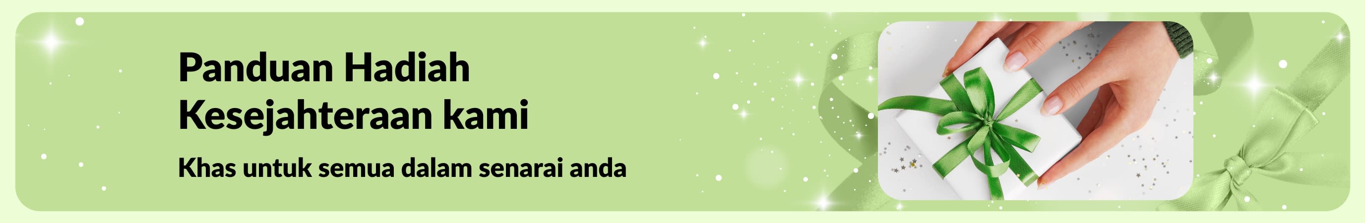 Sepanduk Panduan Hadiah Kesejahteraan iHerb memaparkan set hadiah kecantikan dan penjagaan diri khas, sesuai untuk semua orang dalam senarai penerima hadiah anda.