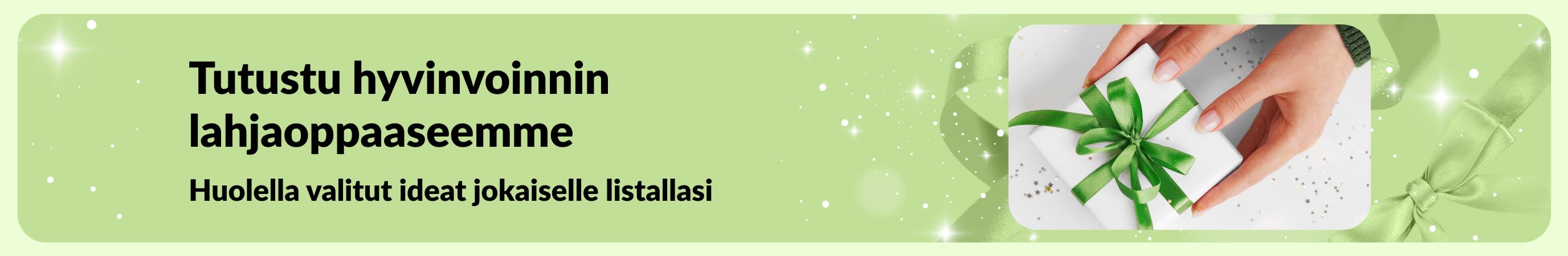 iHerbin hyvinvointilahjaoppaan banneri, jossa esitellään huolella valittuja itsehoito- ja kauneuslahjapakkauksia – täydellisiä kaikille lahjalistallasi.