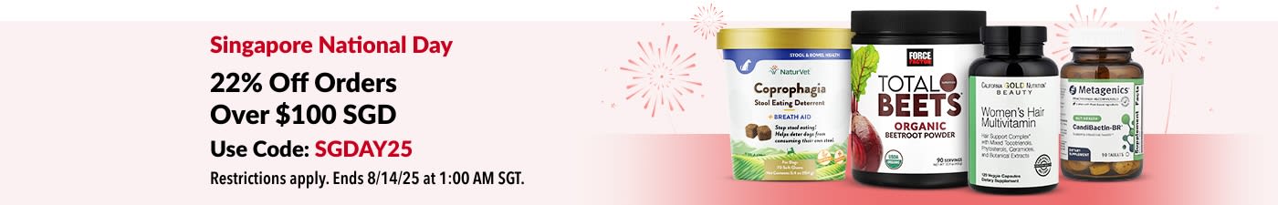 Singapore National Day promo: 22% off $100 SGD+ orders with code SGDAY25. Health supplements featured.