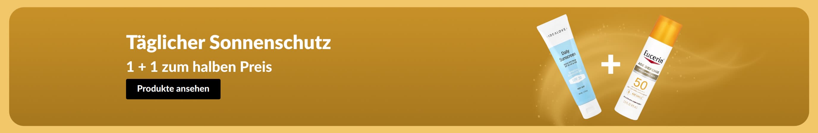 Sonnencreme Werbebanner mit zwei Produkten: Eins kaufen, eins zum halben Preis: Sonnenschutz.