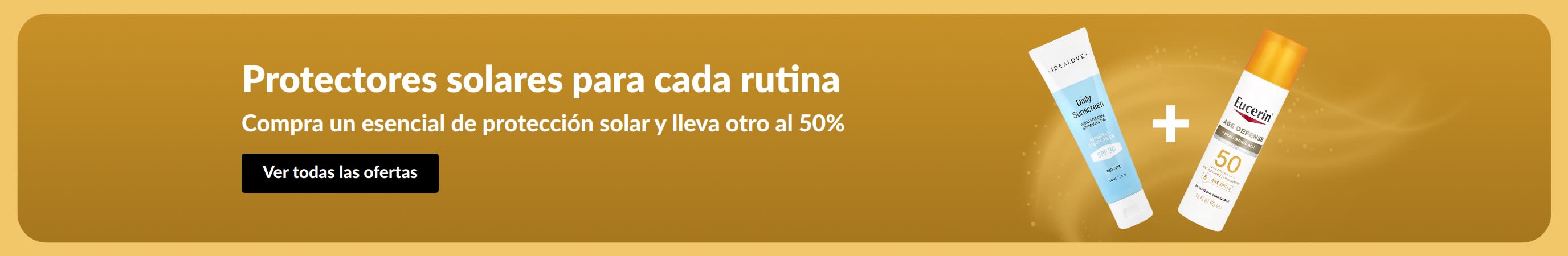 Banner con la oferta “Compra un esencial de protección solar y lleva otro al 50%”