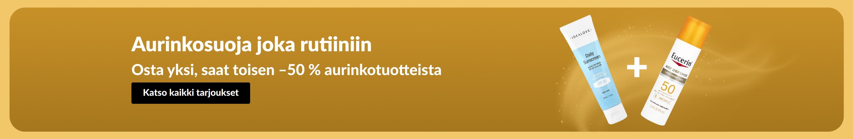 Aurinkovoiteiden alennusbanneri, jossa kaksi tuotetta ja teksti 