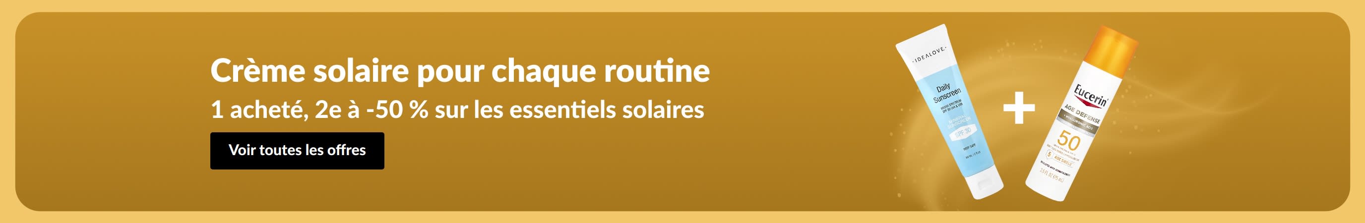Bannière promo solaire avec deux produits : « 1 acheté, 2e à -50 % sur les essentiels solaires »