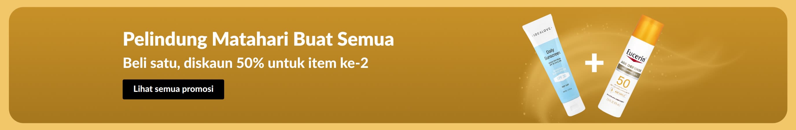 Sepanduk jualan pelindung matahari dengan dua produk, “Beli satu, diskaun 50% item ke-2”