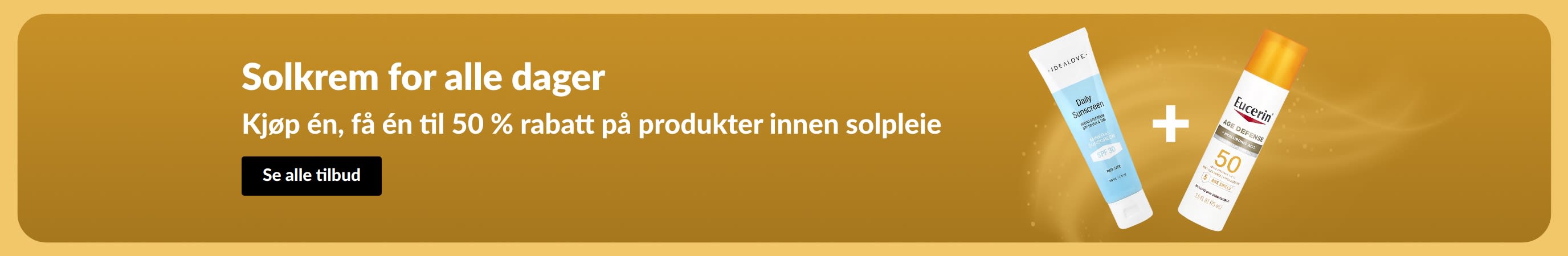 Solkrembanner med to produkter, «Kjøp én, få én til 50 % rabatt på produkter innen solpleie»