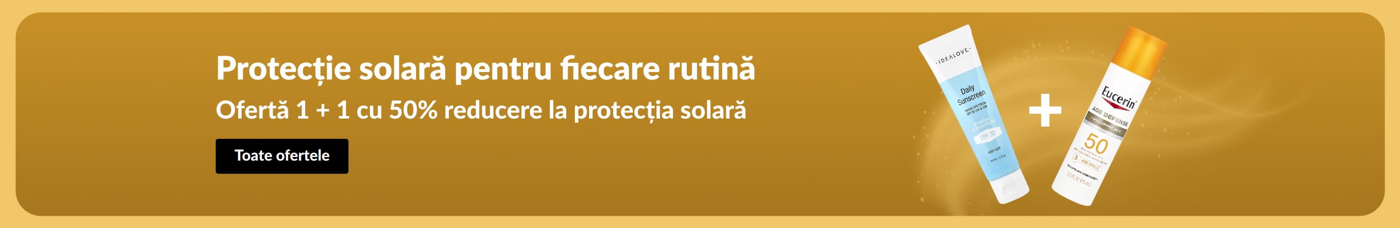 Banner cu două produse de protecție solară, cu „Ofertă 1 + 1 cu 50% reducere la protecția solară”