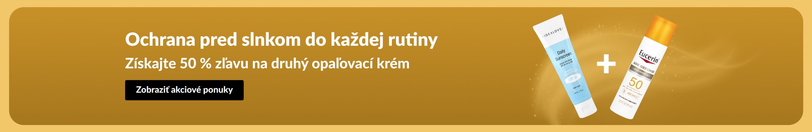 Baner pre výpredaj opaľovacích krémov: „Získajte 50 % zľavu na druhý opaľovací krém“
