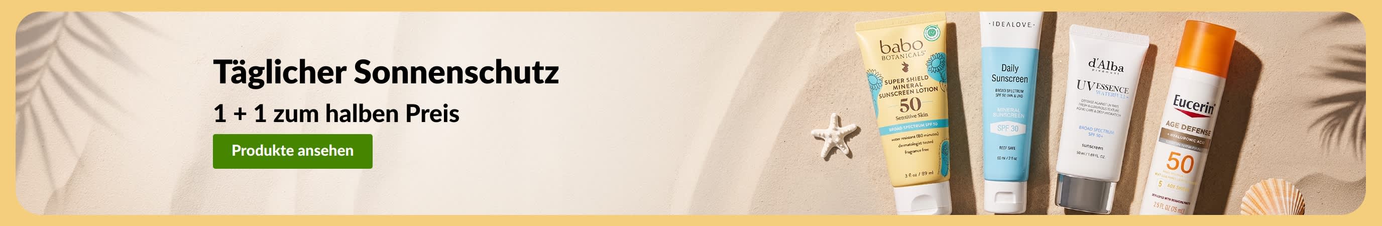 Sonnencreme Werbebanner mit zwei Produkten: Eins kaufen, eins zum halben Preis: Sonnenschutz.