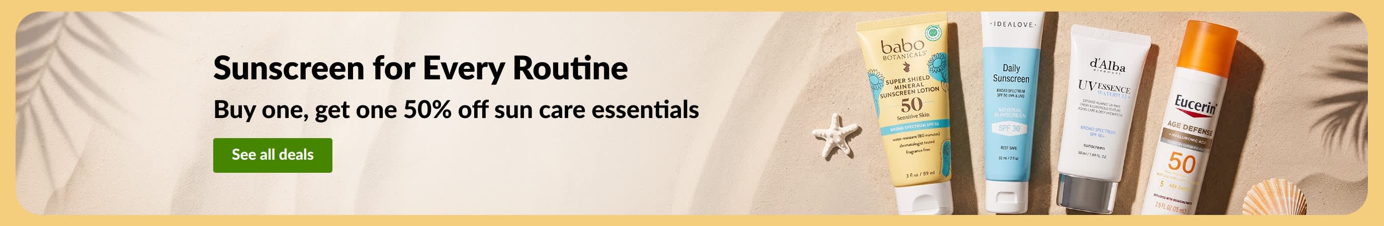 Sunscreen sale banner with two products, “Buy one, get one 50% off sun care essentials”