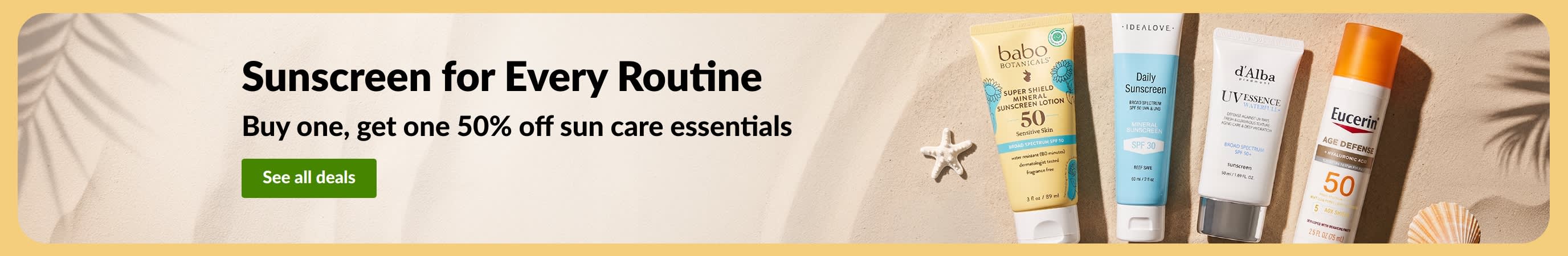 Sunscreen sale banner with two products, “Buy one, get one 50% off sun care essentials”