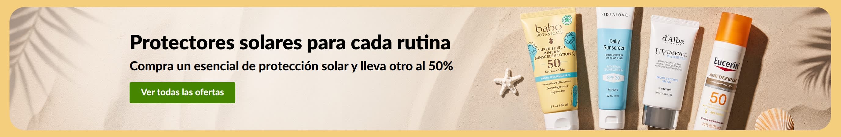 Banner con la oferta “Compra un esencial de protección solar y lleva otro al 50%”