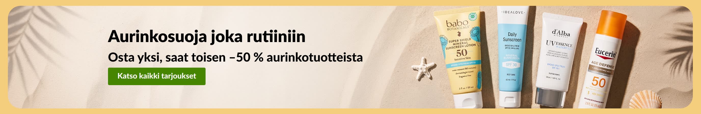 Aurinkovoiteiden alennusbanneri, jossa kaksi tuotetta ja teksti 