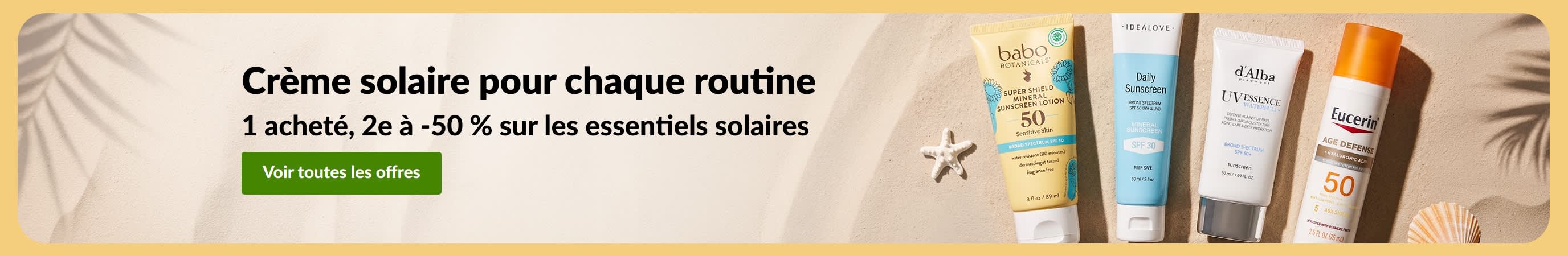 Bannière promo solaire avec deux produits : « 1 acheté, 2e à -50 % sur les essentiels solaires »