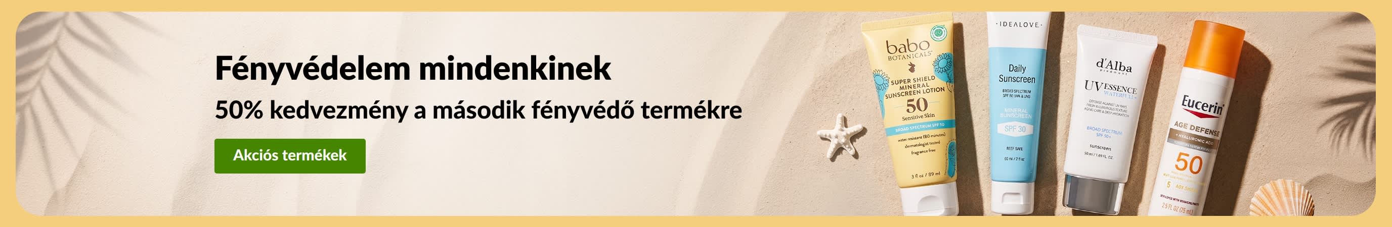 Fényvédőket hirdető akciós banner két termékkel és „50% kedvezmény a második fényvédő termékre” szöveggel