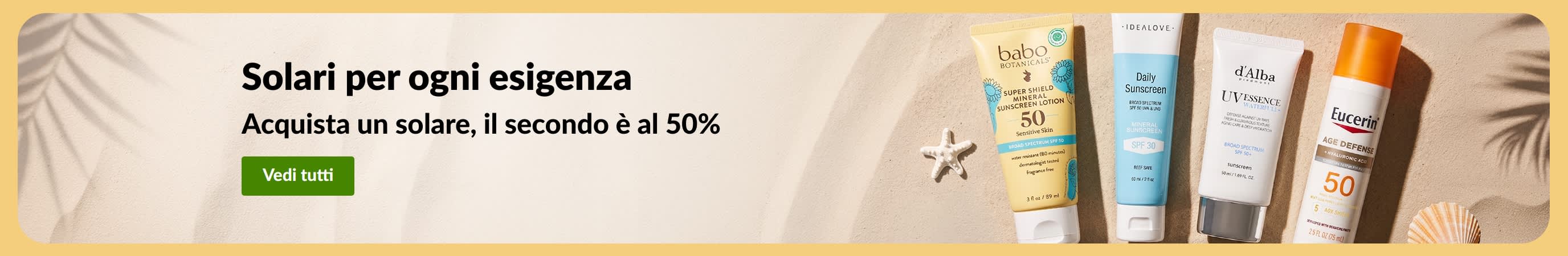 Banner con una promozione sui solari che mostra due prodotti: “Offerta 1+1: il secondo è al 50%”