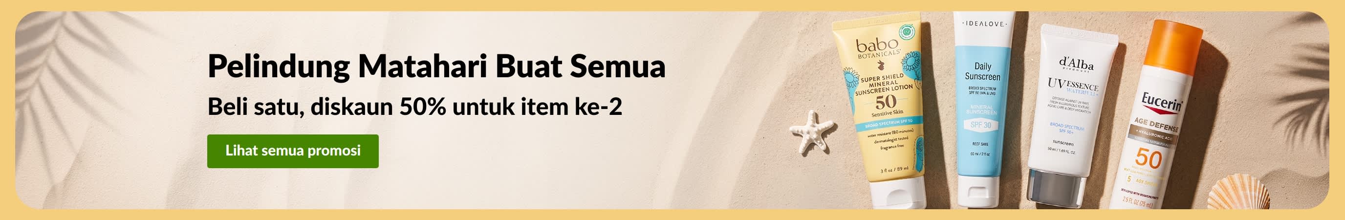 Sepanduk jualan pelindung matahari dengan dua produk, “Beli satu, diskaun 50% item ke-2”