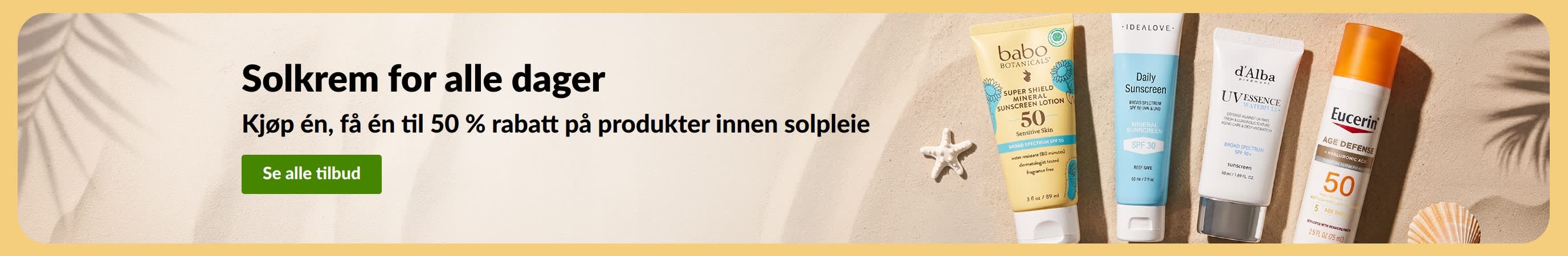 Solkrembanner med to produkter, «Kjøp én, få én til 50 % rabatt på produkter innen solpleie»
