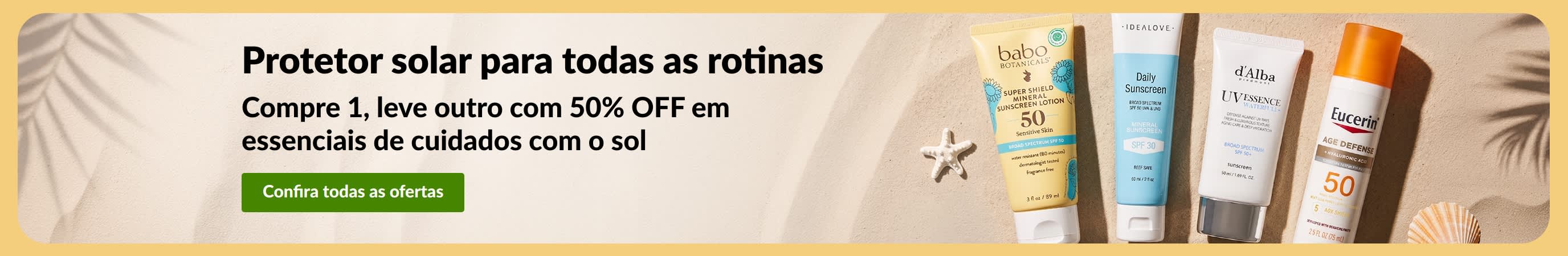 Banner de promoção de protetor solar com dois produtos e a mensagem “Compre 1, leve outro com 50% OFF em essenciais de cuidados com o sol”