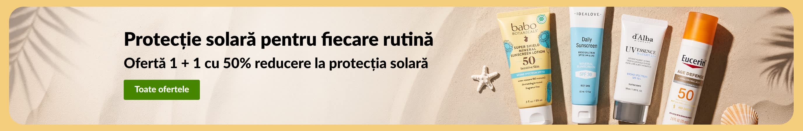 Banner cu două produse de protecție solară, cu „Ofertă 1 + 1 cu 50% reducere la protecția solară”