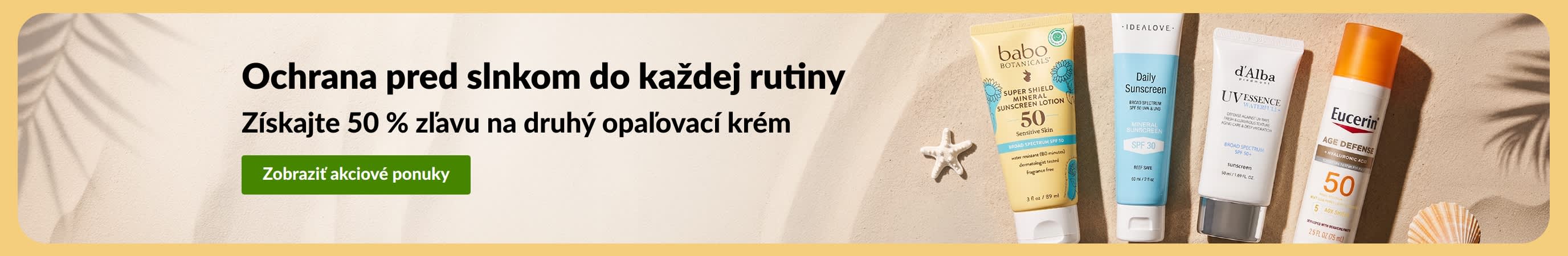 Baner pre výpredaj opaľovacích krémov: „Získajte 50 % zľavu na druhý opaľovací krém“