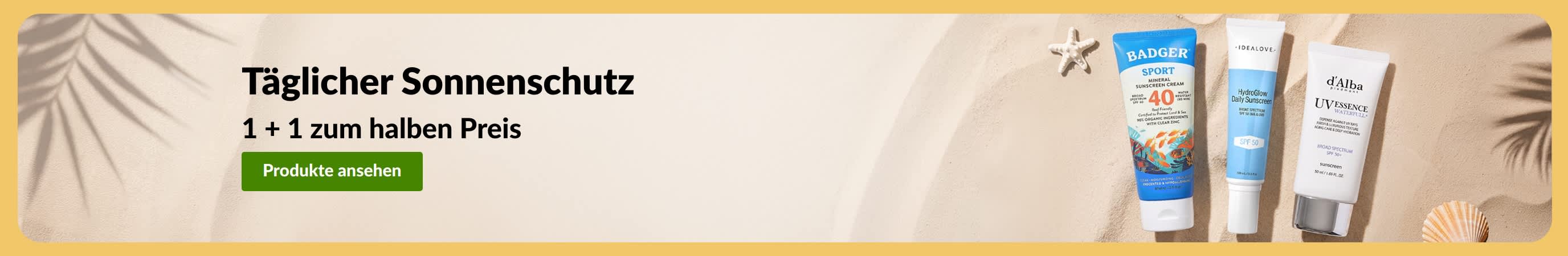 Sonnencreme Werbebanner mit zwei Produkten: Eins kaufen, eins zum halben Preis: Sonnenschutz.