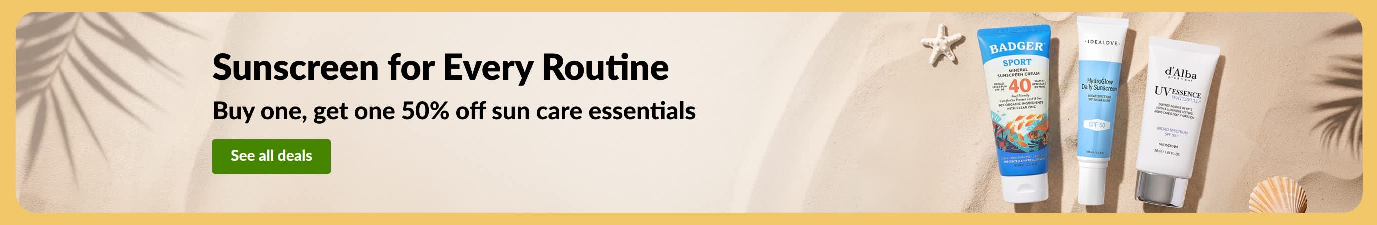 Sunscreen sale banner with two products, “Buy one, get one 50% off sun care essentials”